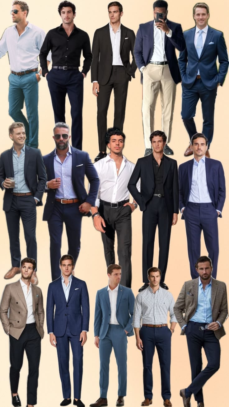 Colagem com quinze looks masculinos: ternos azul-marinho, preto e cinza, blazers e calças sociais com camisa