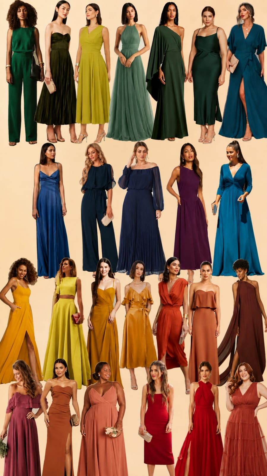 Colagem com dezenas de vestidos em cores variadas: verde, azul, vinho, mostarda, terracota